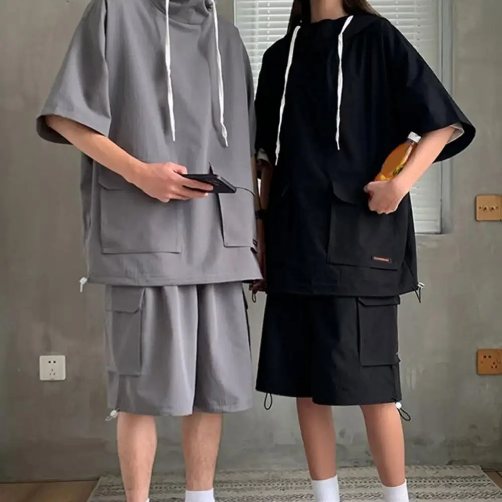 

Adjustable Hem Pants Hooded T-shirt Drawstring Shorts Set for Unisex Solid Color Loose Fit Outfit with Wide Leg Shorts Elastic