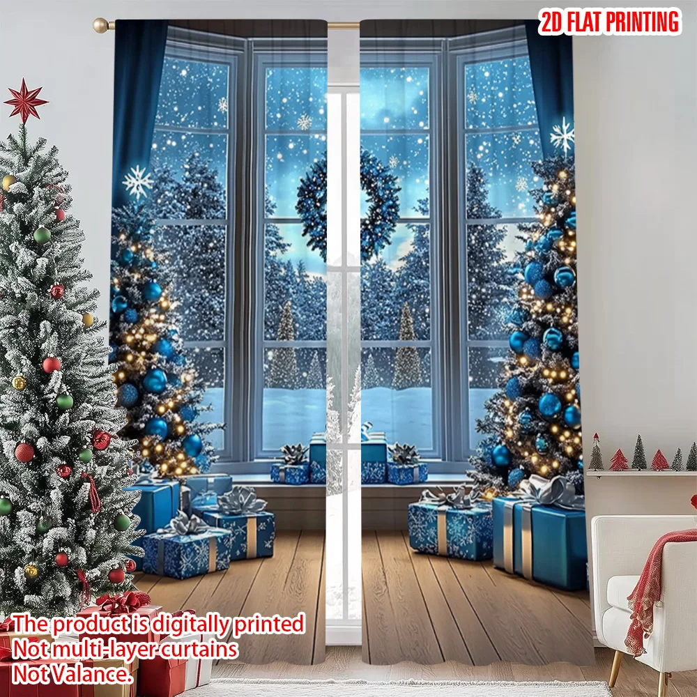 

2pcs 2D flat printing Merry Christmas Popular Party Window Curtains winter wonderland 00 Durable Polyester Without Electricity