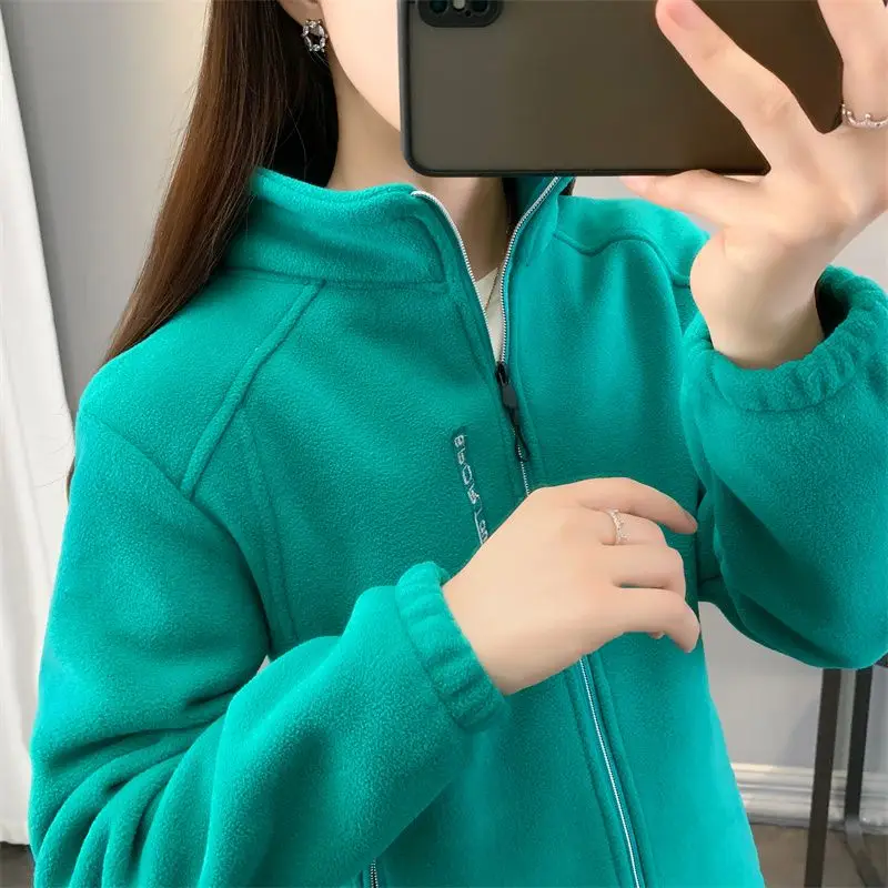 Winter Women Sweatshirt Coat Casual Loose Zip Up Cardigan Long Sleeve Sweatershirt Reversible Polar Fleece Stand Collar Coat