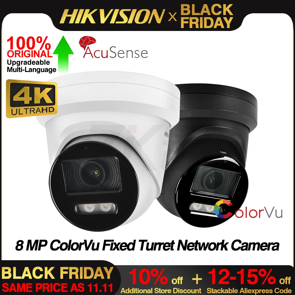 Hikvision Original 4K Color IP Camera DS-2CD2387G2-LU 8MP Turret ColorVu CCTV Camera 24/7 Colorful Image Built-in Mic Audio IP67