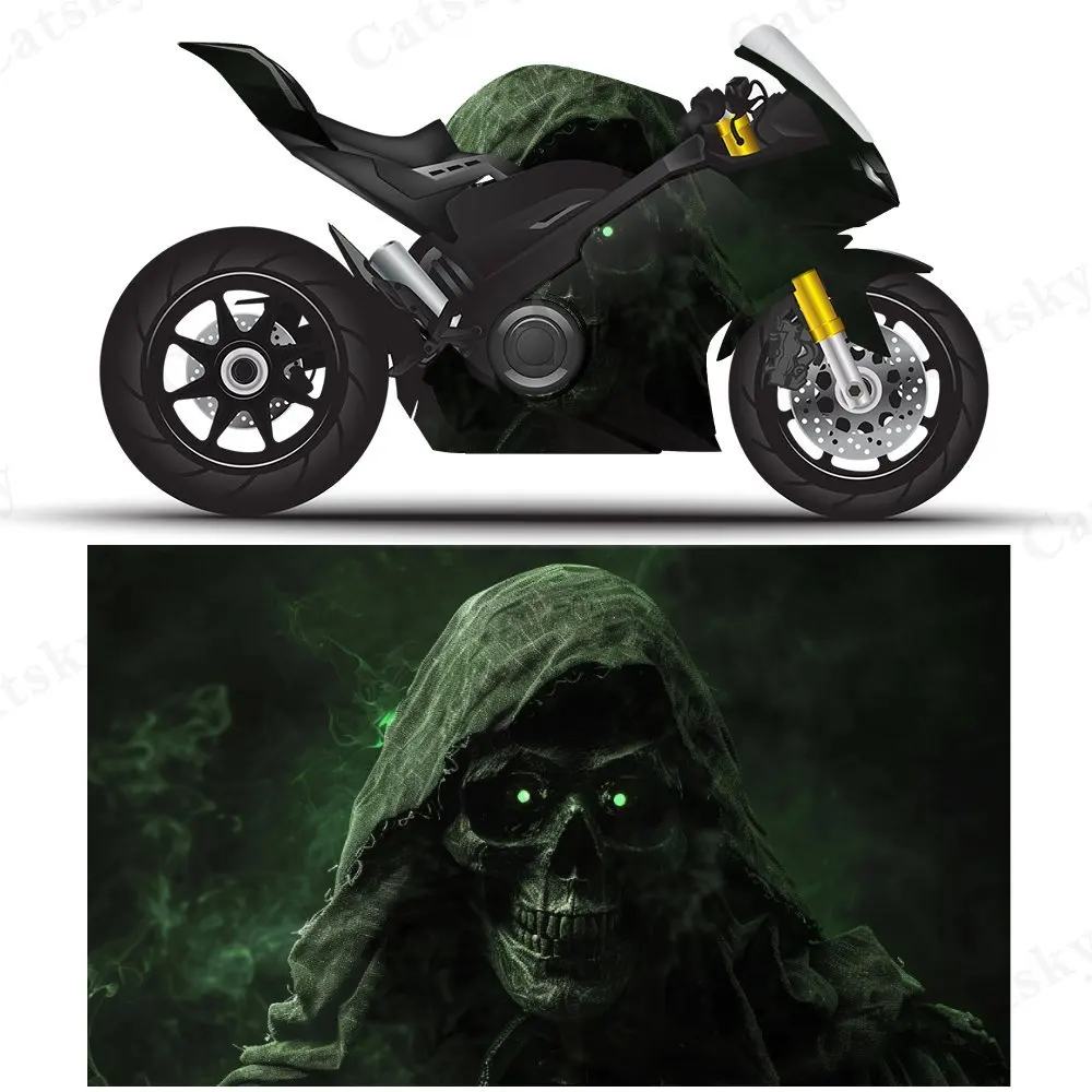 Green Reaper Skull Motorcycle Film Stickers, Durable PVC Adhesive Decals for Motorcycle Customization, Weather-Resistant Protect