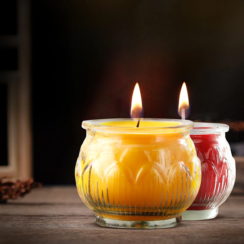 Velas de cristal planas de aceite vegetal crujiente con aroma a loto para el hogar, ideales para la luz eterna del Buda.