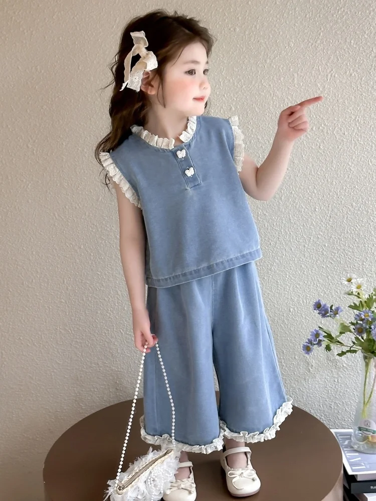 

Girls' Summer Casual Denim Set with Ba Knot Lace 2-Piece Trendy Sweet Baby Girl Outfit ort Sve Long Pants