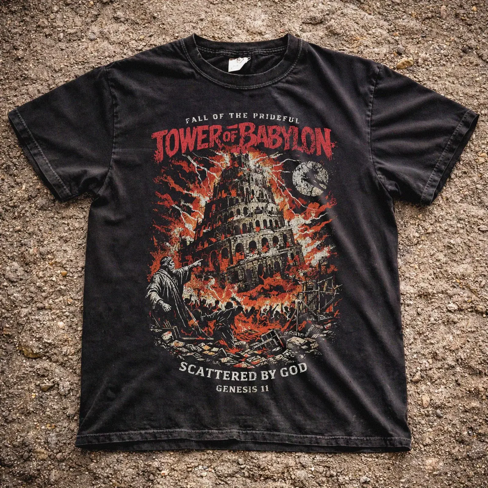 Vintage Tower of Babel Genesis 11 Scattered by God Bible Story Christian T Shirt Streetwear vintage Washed designer clothes