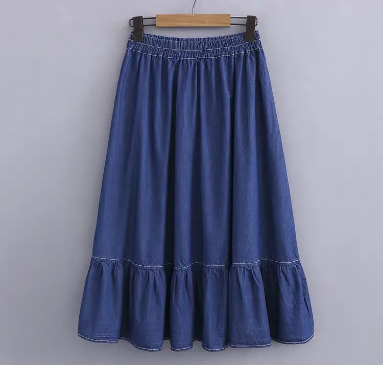 تنورة نسائية صيفية عتيقة مكشكشة من قماش الدنيم ، تنانير جينز قطنية عصرية ، تنانير مدرسية مجمعة مقاس كبير فساتين عتيقة #2