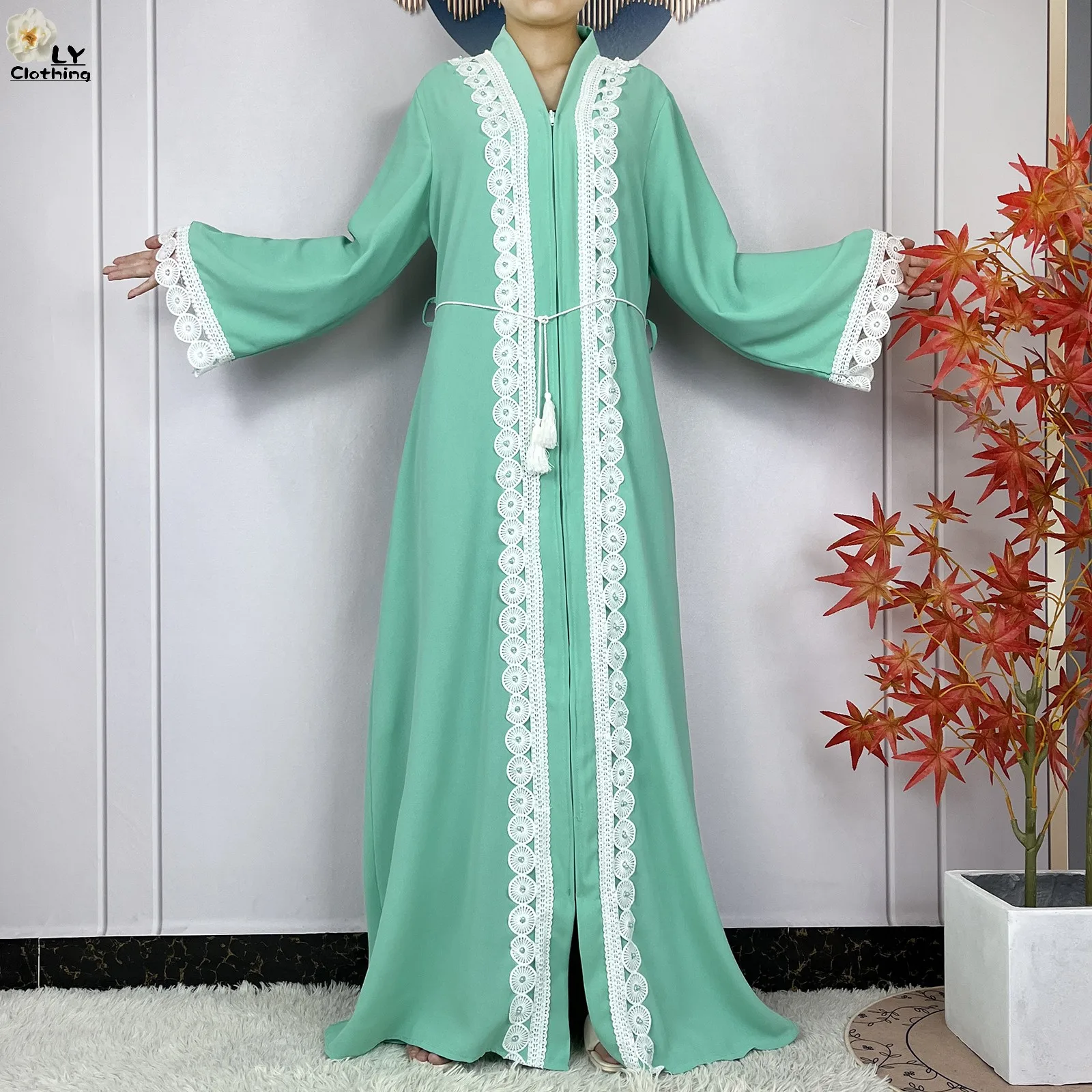 Latest Muslim Women Long Sleeve Elegant Dresses 2024 Dubai Fashion Chiffon Soft lace Zipper Robe African Abaya Casual Clothing