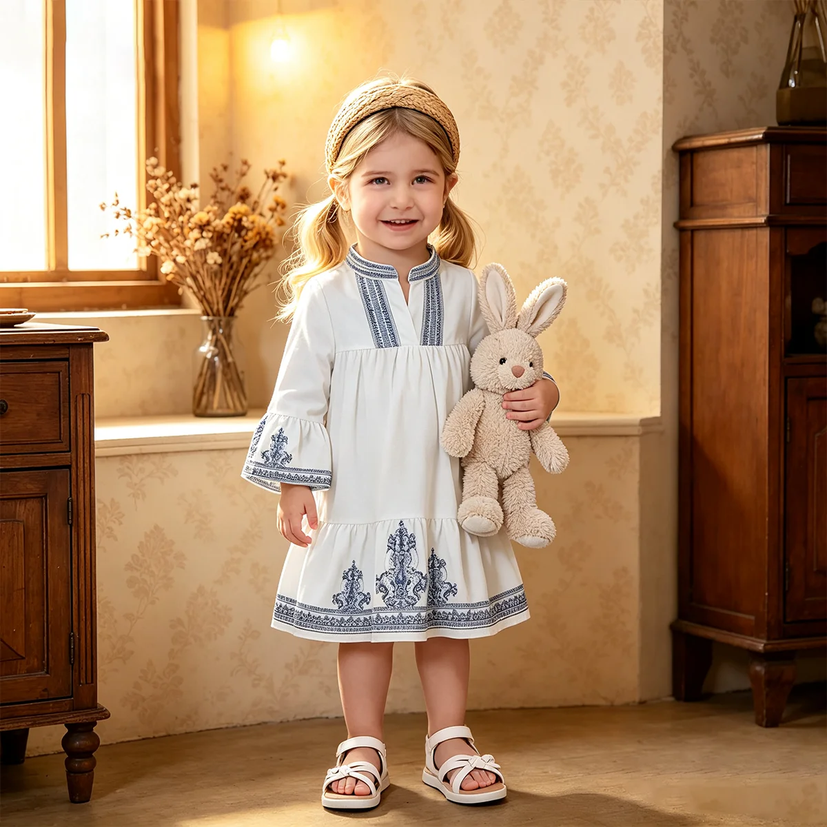 Girls' Casual Cute Long Sleeve Bell Sleeve Small V-Neck Dress Spring Autumn