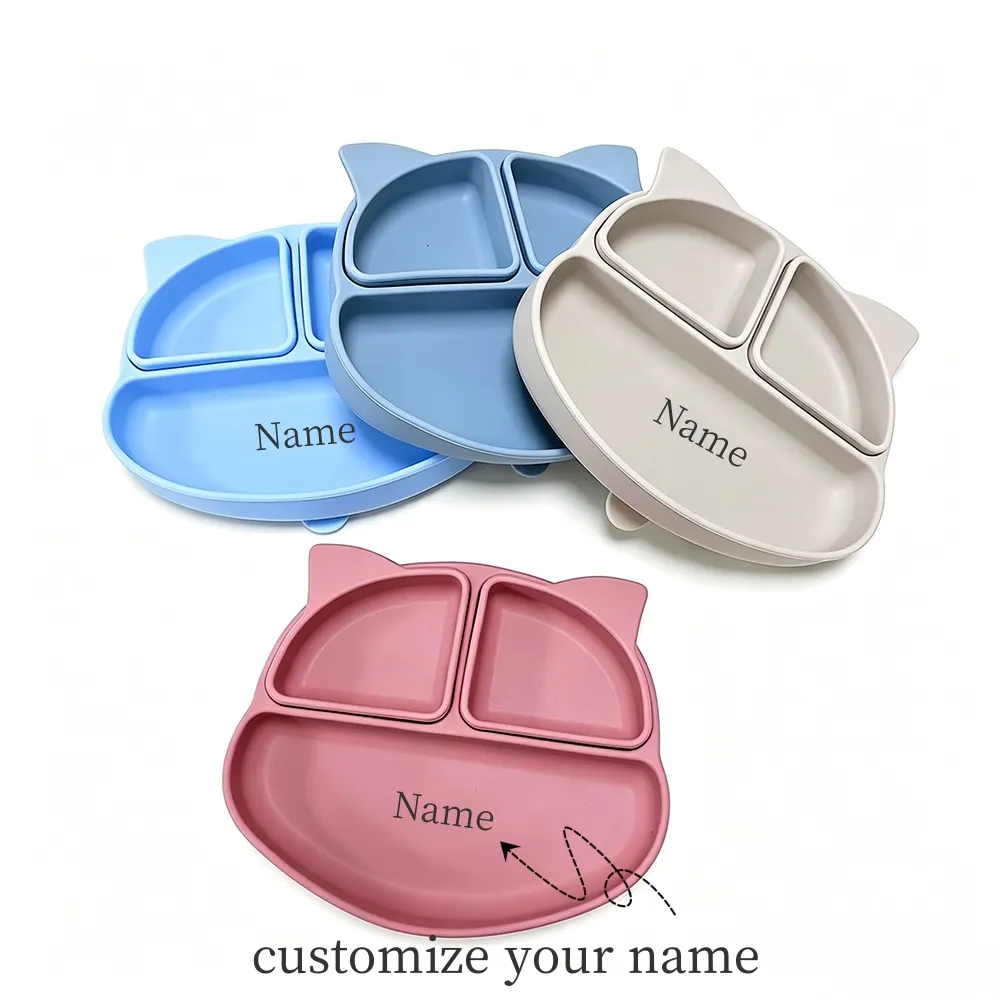 Silicone Baby Suction Plate, Detachable Divided Compartment Cat Shaped Toddler Feeding Tray, Cute Cat Head Kids Food Plate