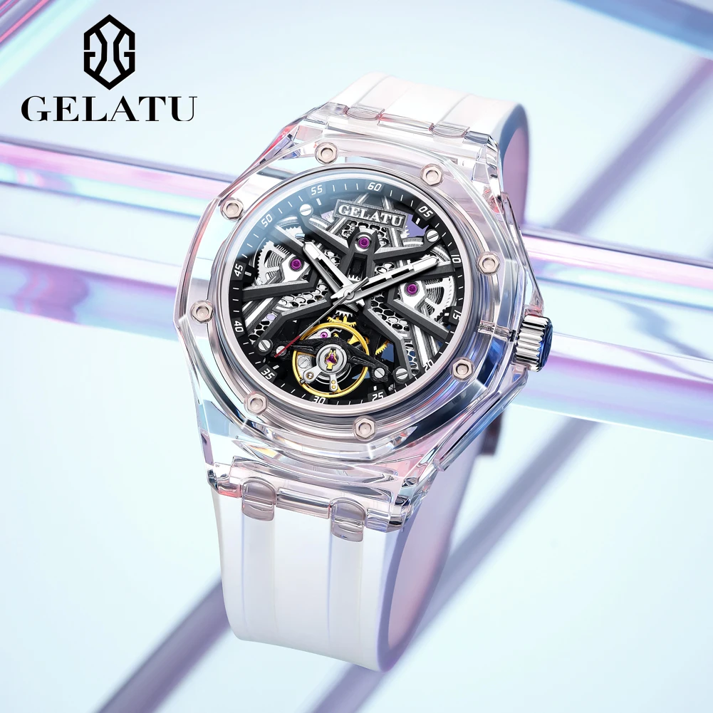 GELATU 8002 Automatic Mechanical Men's Watch Skeleton Hollow Waterproof Luxury Watch Silicone Strap Big Face Watch Automatic