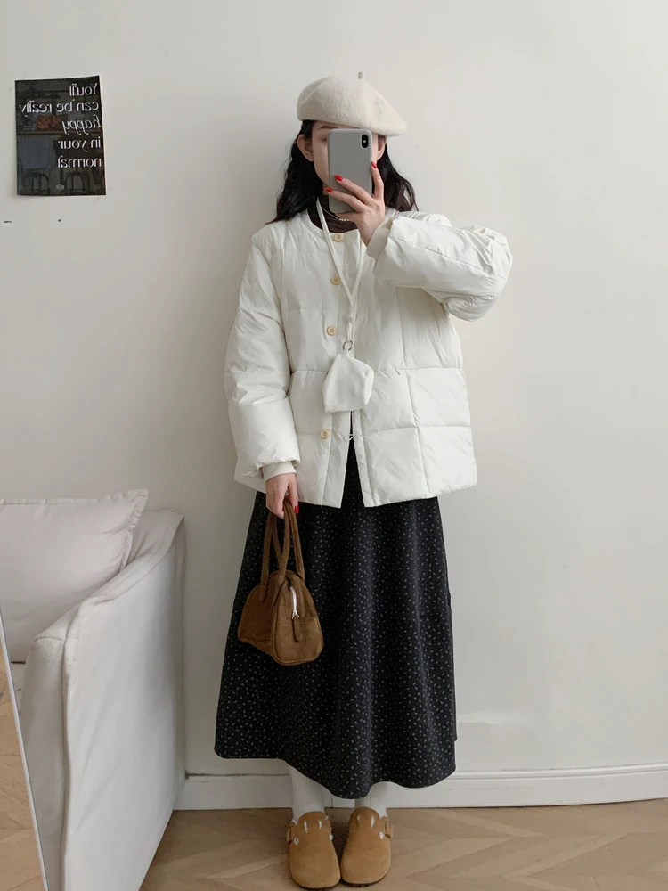 

Chuwojia 25 Winter New Korean Sle Loose Fit round Ne Slimming Versatile Button down Puffer Jaet Women's Warm Outerwear