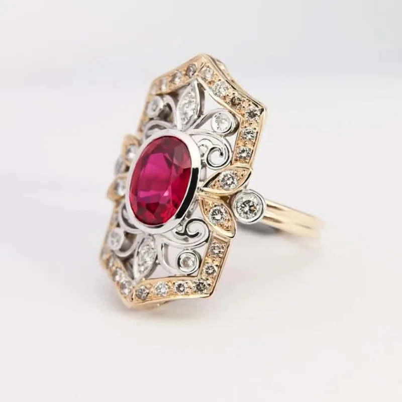 

European and American fashion court style two-color electroplated pigeon blood red zircon inlaid luxury women's ring