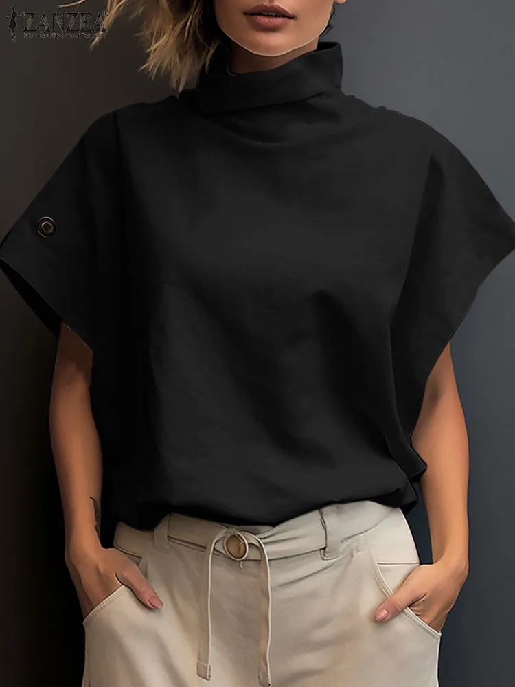 Moda damska OL koszula do pracy 2024 ZANZEA letnia elegancka bluzka z golfem z krótkim rękawem Casual luźne topy biurowe Party Blusas