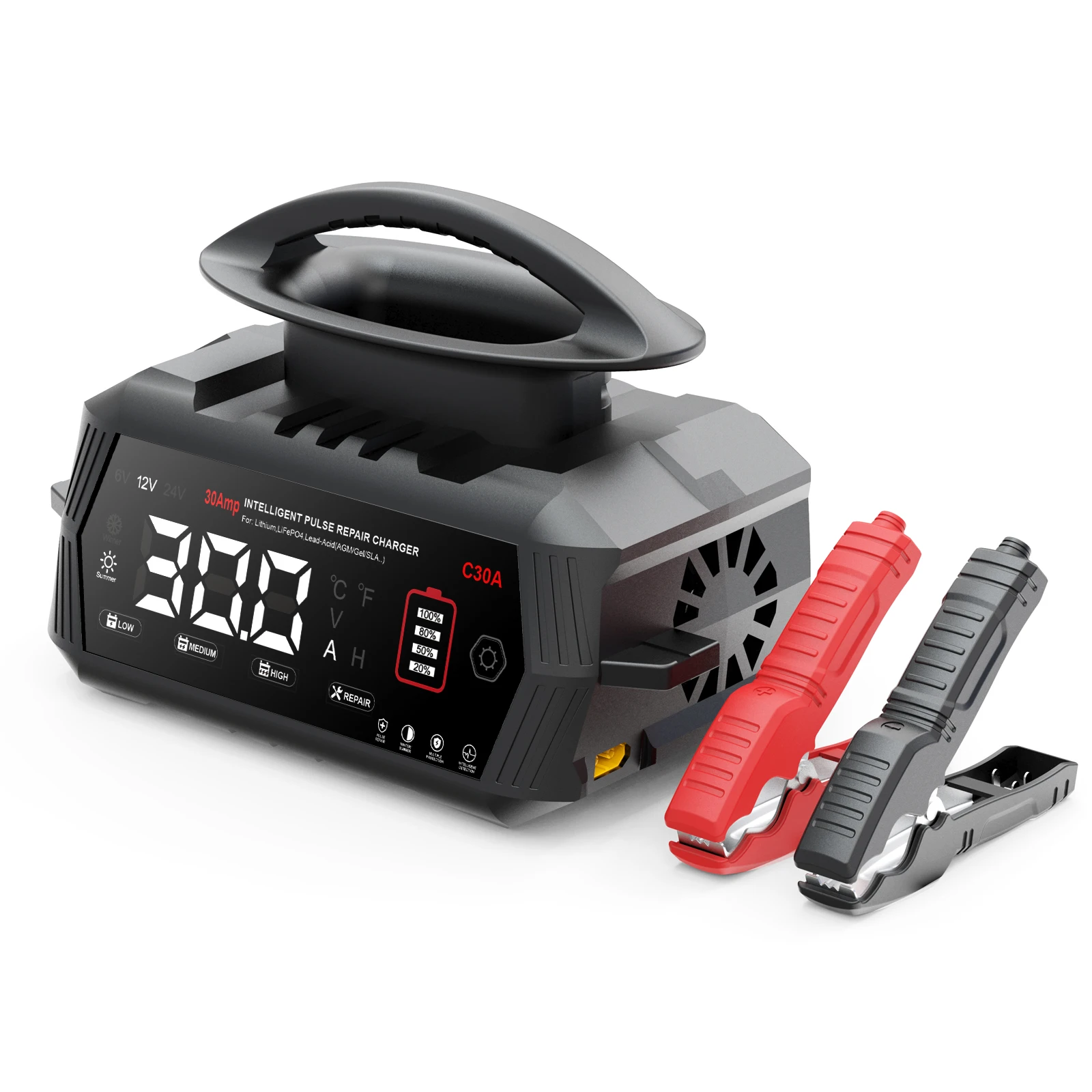 HTRC 30A/45A Vysoce výkonná nabíječka baterií 6V 12V 24V pro lithiové, LiFePO4, olověné, AGM baterie, automatická nabíječka do auta a motocyklu - náhled 2