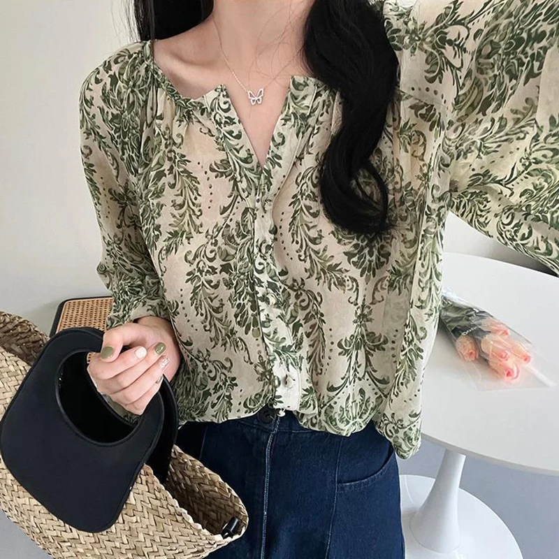 MEXZT Vintage Floral Blouses Women Print Lantern Sleeve Chiffon Shirts Summer Korean Harajuku Elegant Lady Casual Sunscreen Tops