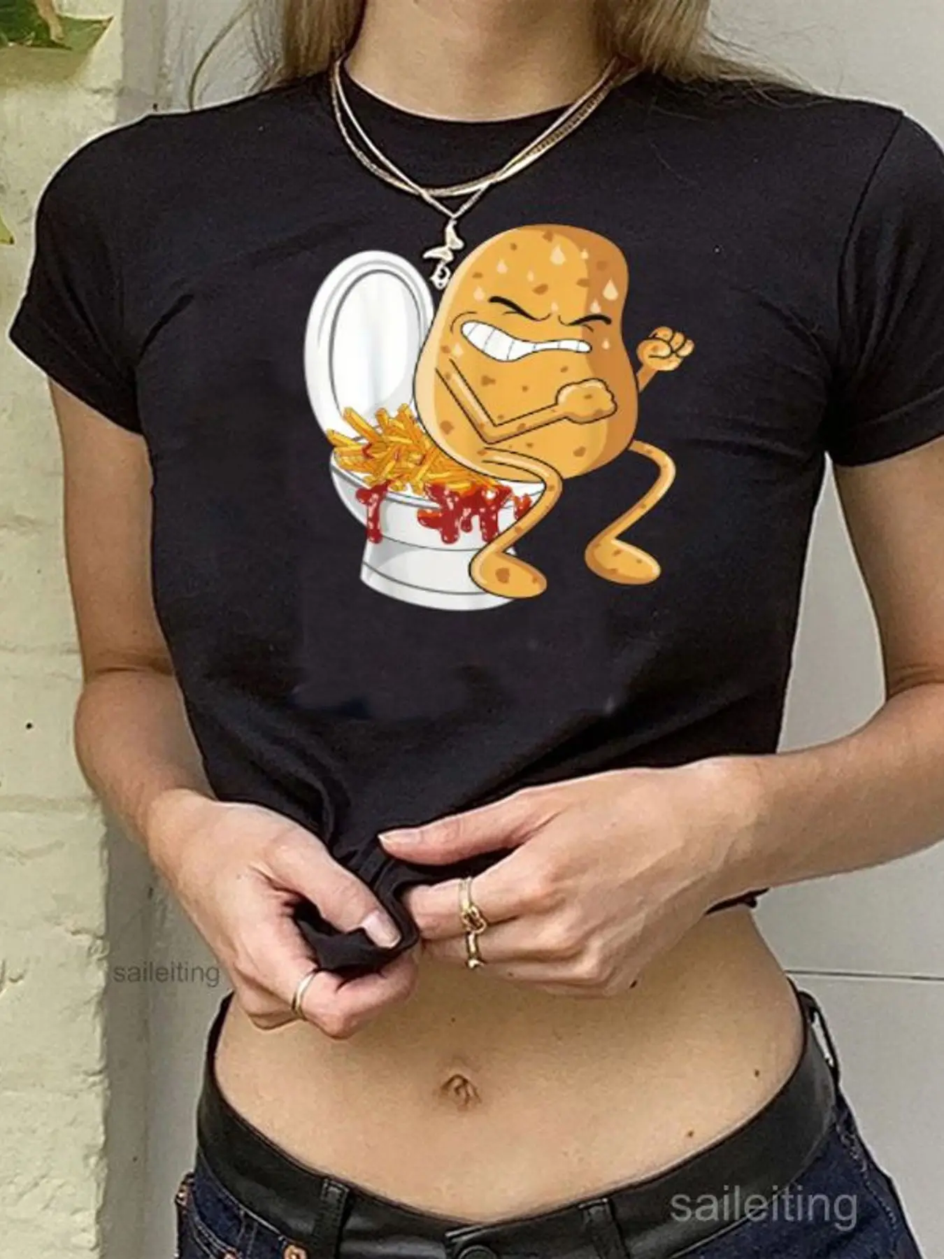 Women's White Cropped T-Shirt Cartoon Fried Potato Character Print Funny Mischievous Graphic Tee Harajuku Streetwear Aestheti