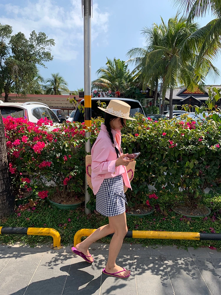 Юбка-трапеция женская, новый дизайн 2025 года, клетчатая юбка с запахом и узлом, креативная персонализированная юбка из полиэстера и хлопка...