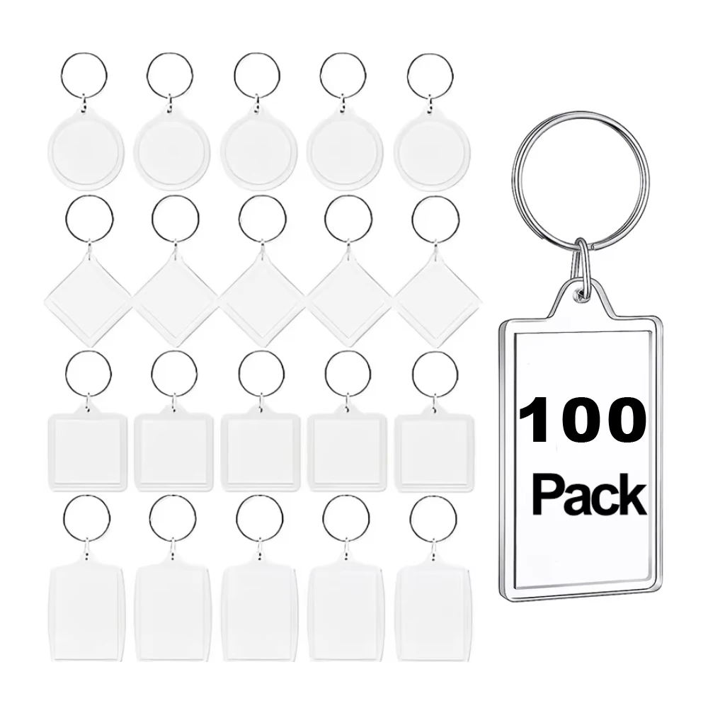 100Pcs DIY Acrylic Insert Keychains Blank Custom Insert Photos Pictures Keyring Holder Split Frameless Frame Key Chains Gifts