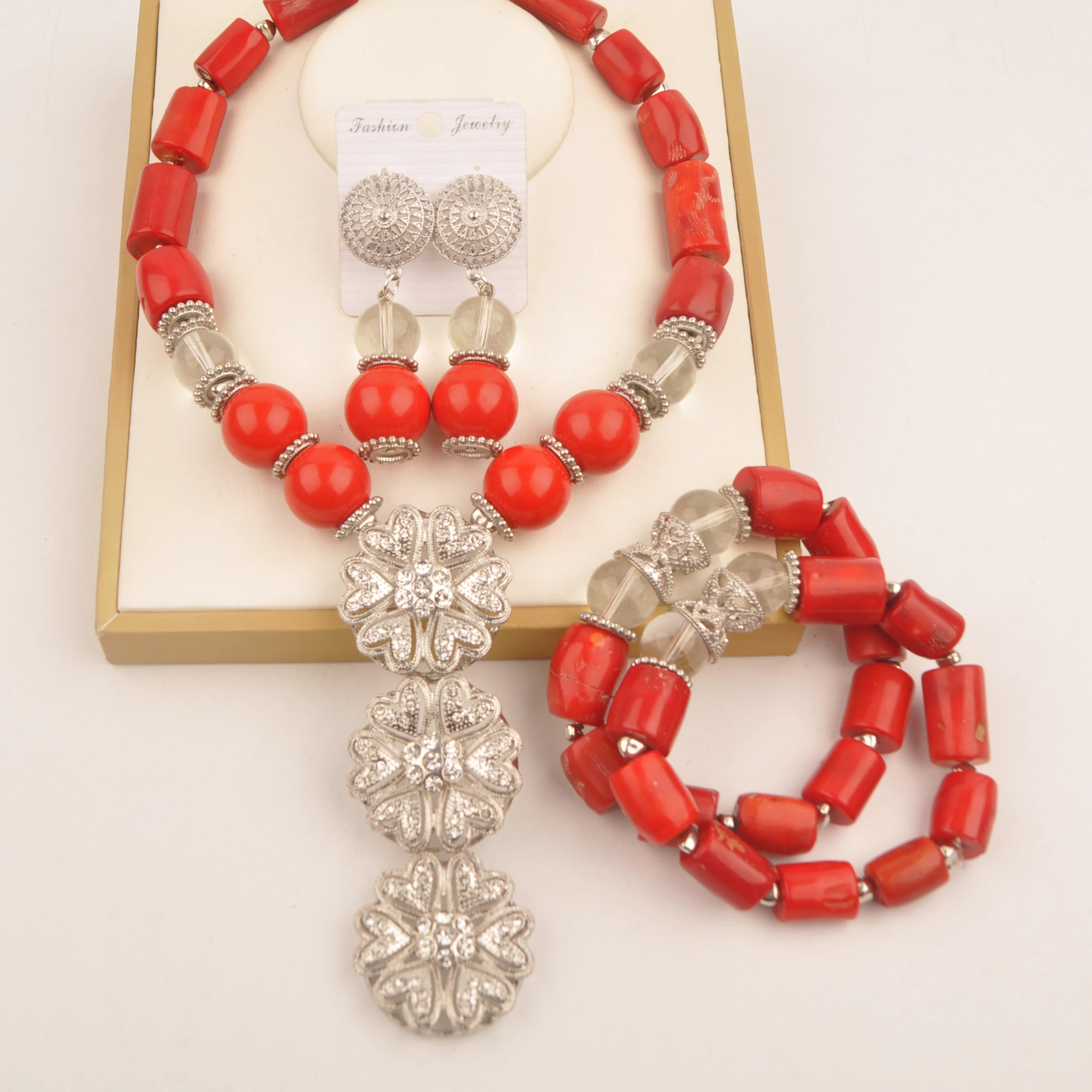 

Red Nigerian Wedding Coral Necklace African Beads Jewelry Set