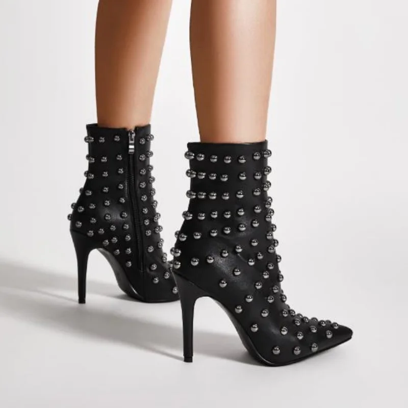 

Rivets Shoes for Womens Pointed Toes High Heels Solid Female Short Boots Side Zippers Tacones Sewing Lines Zapatos Mujer Beading