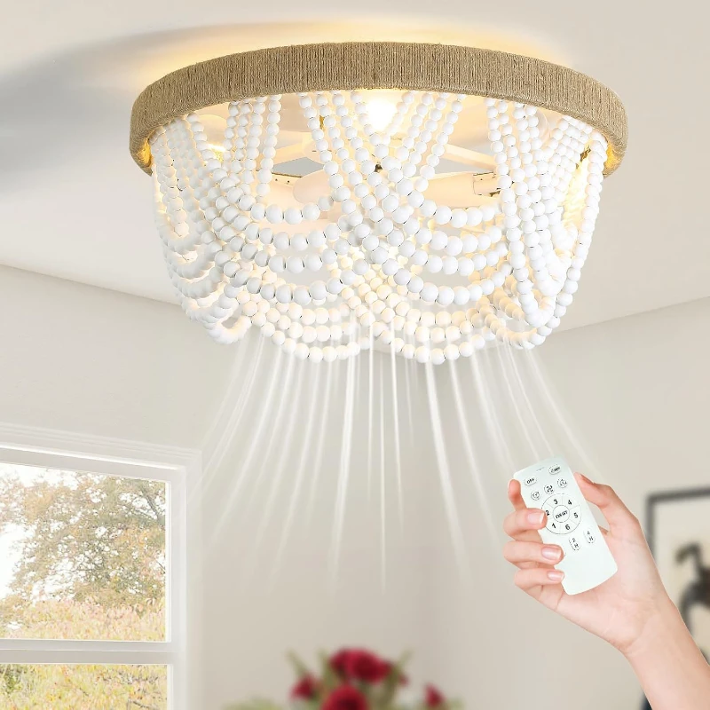 European Wooden Beads Invisible Ceiling Fan Light For Bedroom Home Decor Bohemian White Wood Ceiling Fan E27 Led Bulb D20 Inch