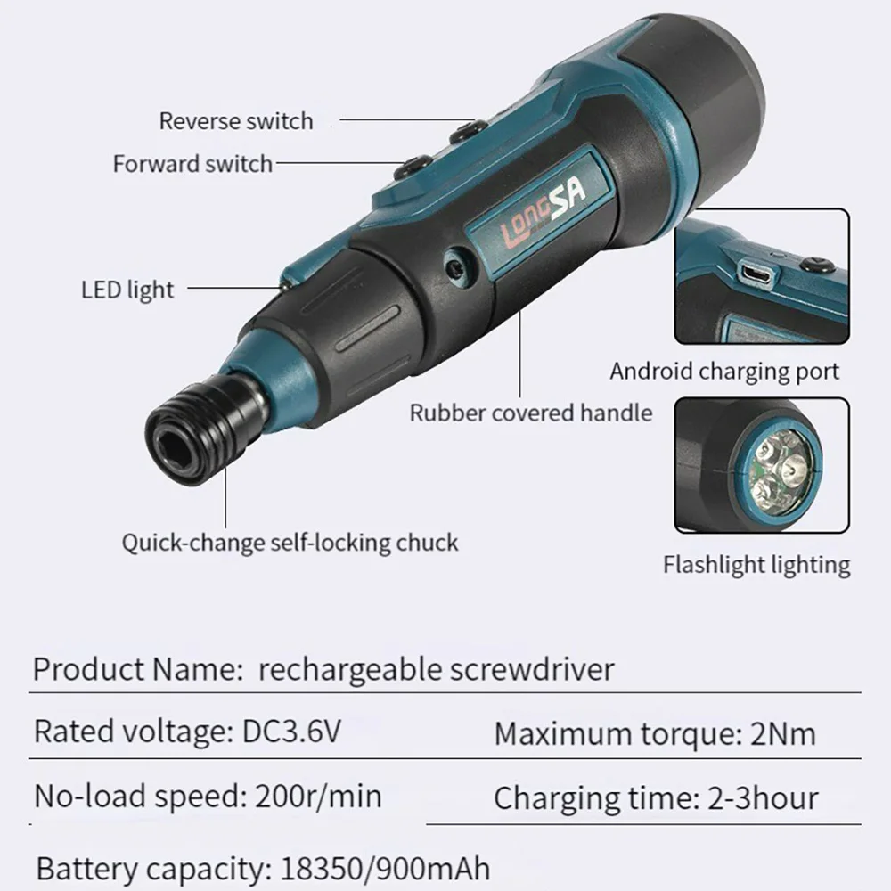 2Nm 3.6V 200r/min Electric Screwdriver Small Wireless Screwdriver Drill Screw Driver Set Rechargeable Electrician Screwdriver