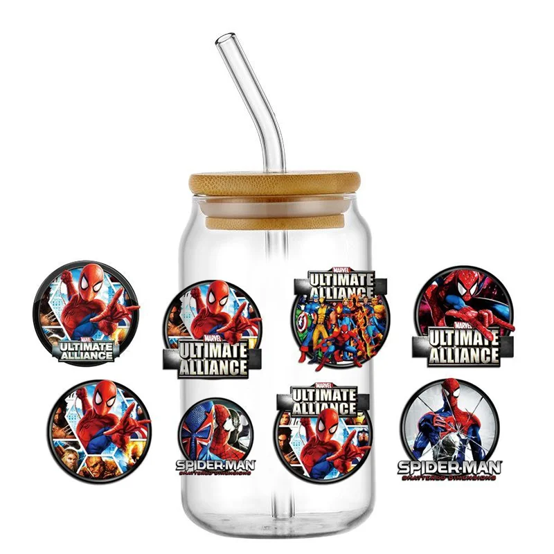 Miniso Super hero Spider-Man pattern 16OZ UV DTF Cup Wrap Transfer Sticker Custom Label DIY Waterproof Logo For Libbey Glass Can