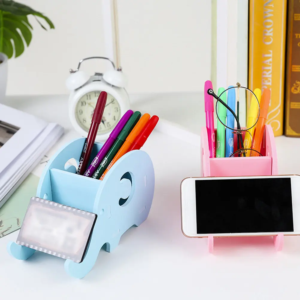3Pcs Wood-Plastic Plate Elephant Shape Multi-Use Pen Holder Cellphone Mount Desk Organizer Storage Box Storage Box