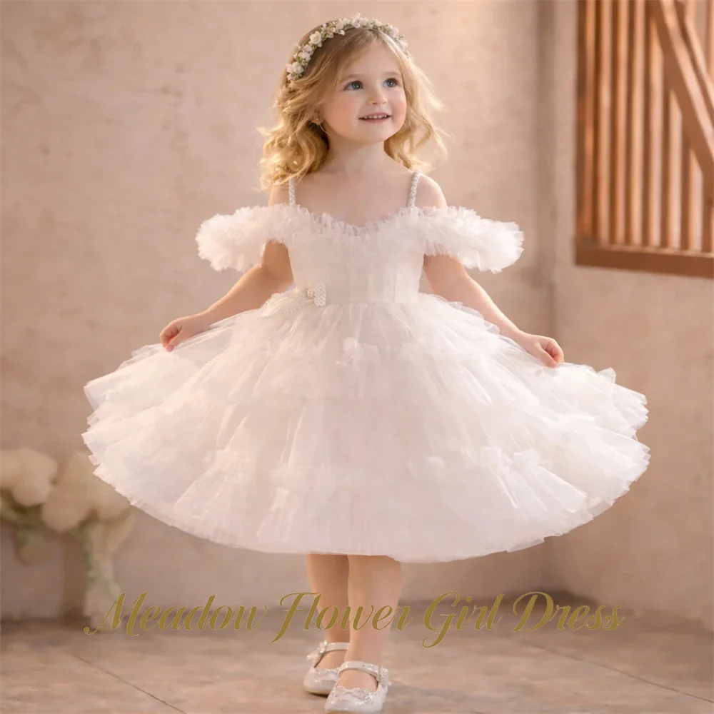

Meadow Spaghetti Strap Flower Girl Dress Off the Shoulder Kids Birthday Party Dress with Pearls Ball Gown Party Tutu Dresses