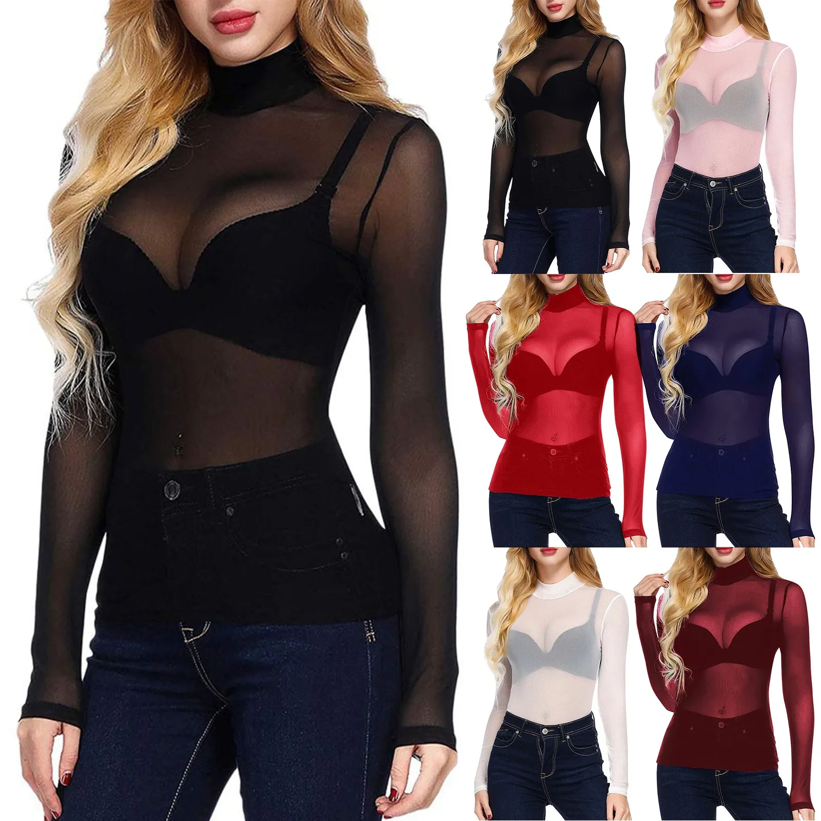 Summer women's sexy ultra-thin mesh T-shirt Elastic Tight long-sleeved Black Mesh Tee Shirt half-high collar transparent Top image 5