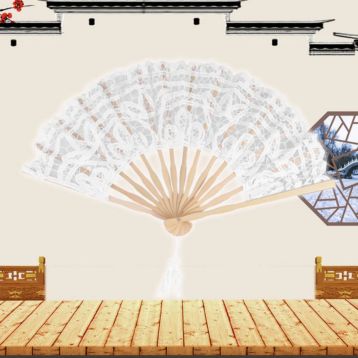 

Chinese Fan Bride Wedding Hand Fans Women Elegant Cotton Lace Folding Big Decorative