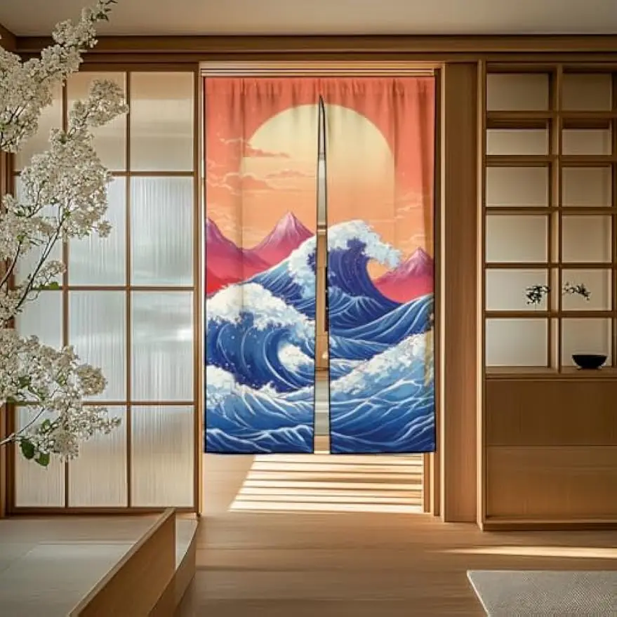 Ukiyoe Door Curtain Ocean Waves Japanese  Cherry Blossoms Doorway Room Divider Curtains Wall Hanging for Kitchen Bathroom