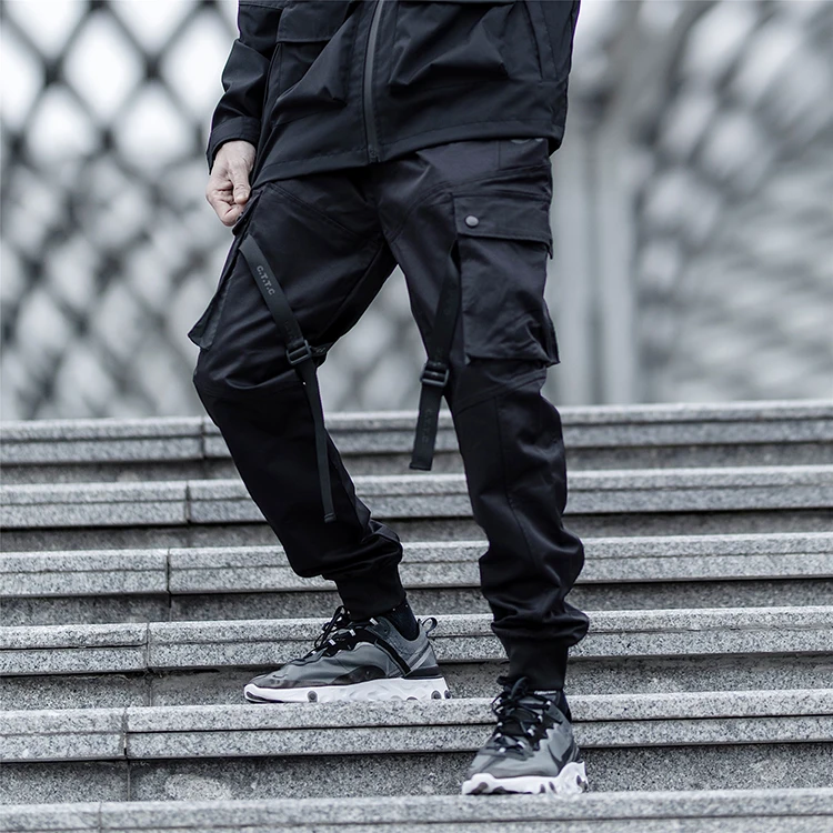 

Wholesale Women Streetwear Trendy Offset Print Matte Black Button Casual Techwear Sweatpants Pants for Mens