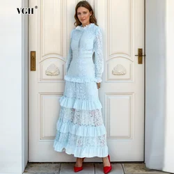 VGH Hollow Out Patchwork Ruffles Embroidery Dresses For Women Stand Collar Long Sleeve High Waist Tempermanet Dress Female New