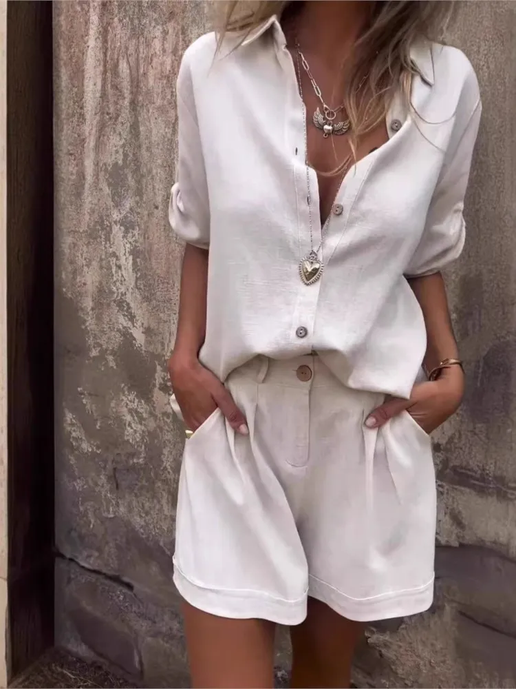 

Simple Style Solid Color Two-piece Set Woman's Fashion Flip Collar Single-row Buckle Top Short Pant Suit Ladies Leisure Outfit