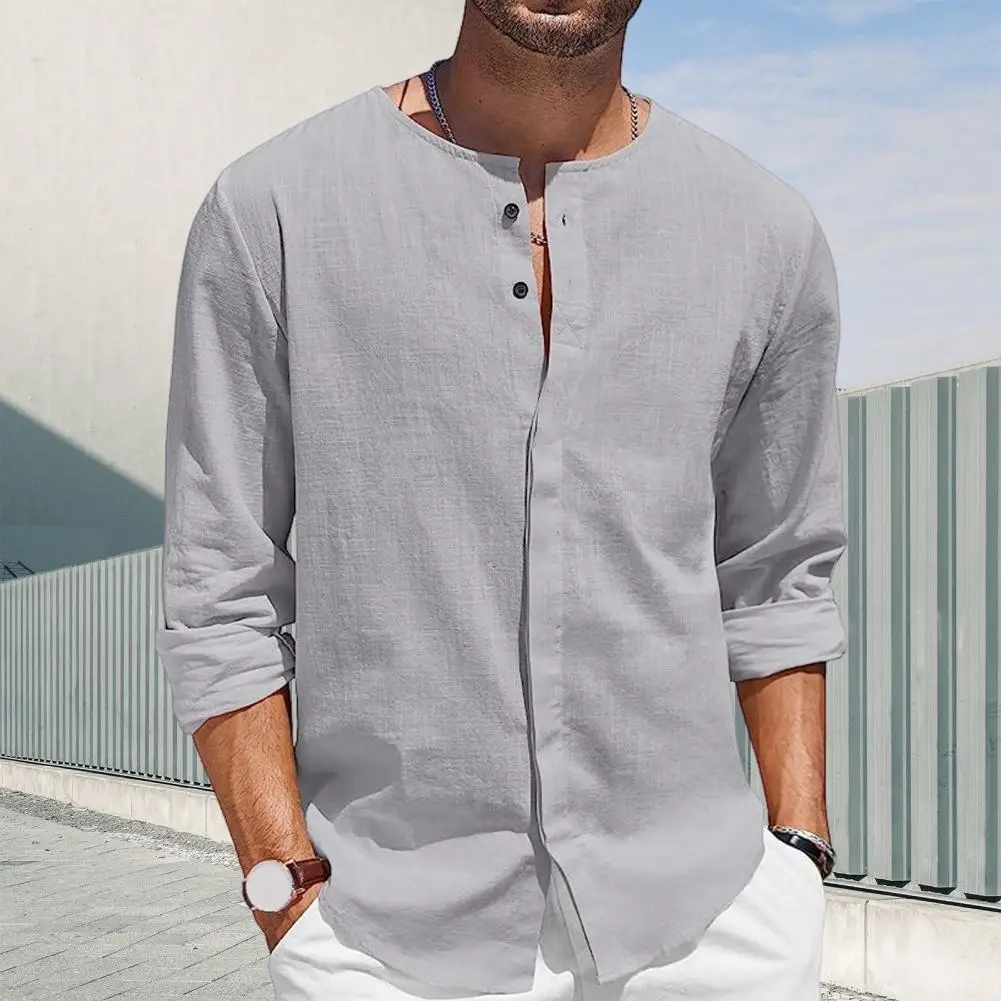 Camisa de playa con botones para hombre, cárdigan de Color sólido con cuello redondo, botones de un solo pecho, suave para vacaciones