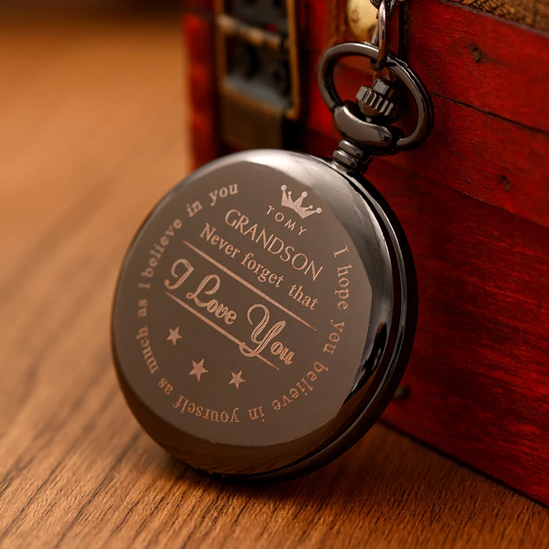 Jam saku hitam jam tangan saku Quartz modis dengan rantai untuk anak laki-laki saya hadiah jam pria selamanya Anda istimewa Relogios