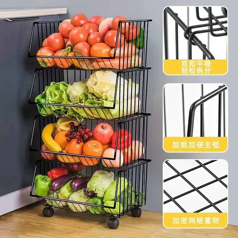 Steel Kitchen Trolley Vegetable Fruit Snacks Grocery Organiser Household Storage Basket 2/3/4/5 Tier Rolling  trolley cart