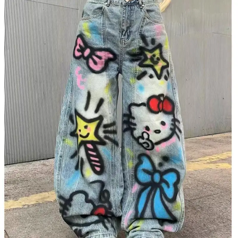 

Американские винтажные джинсы Hello Kitty, широкие брюки, брюки с высокой талией, прямые брюки Sanrio, милая мода с вышивкой для девочек, новинка