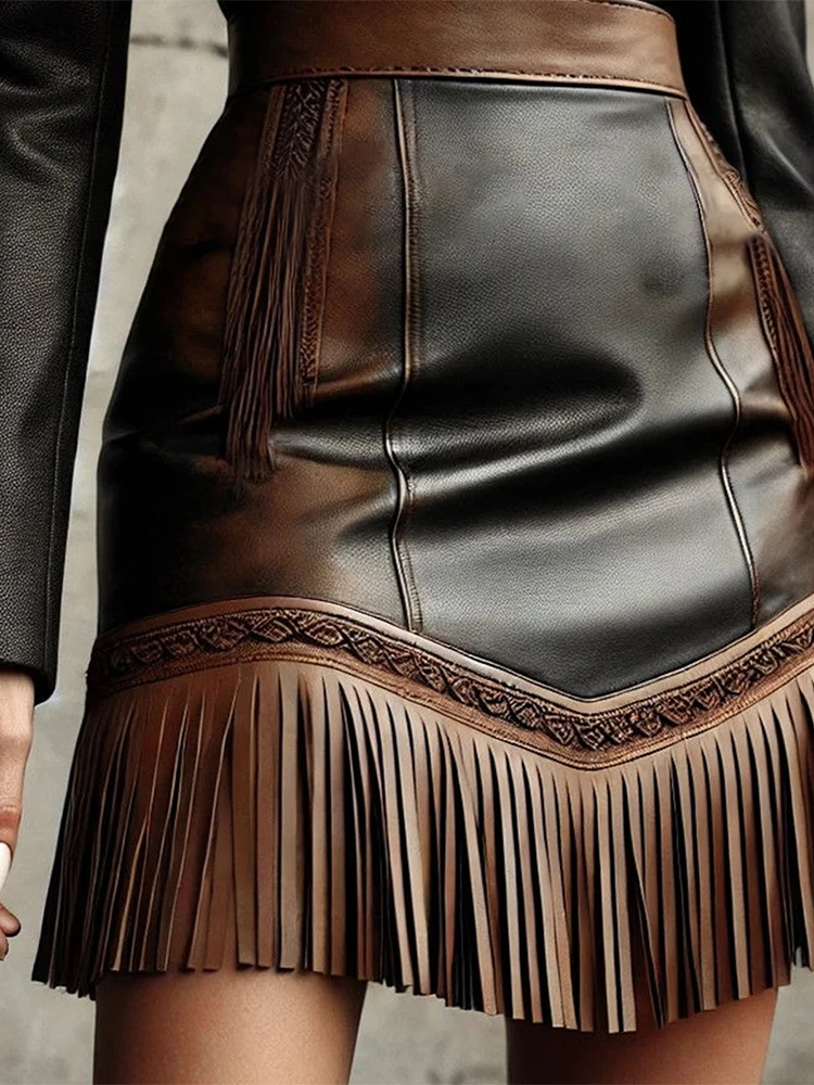 Vintage Western Cowgirl Fringe Fashion Women Skirt High Waist PU Leather Slim Fit Mini Falda Female Vacation Bonfire Party Skirt