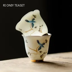 1 Pc Chinese Ceramic Teacup Master Handmade Suede Jade White Porcelain Tea Bowl Hand-Painted Bird Tea Cup Household Tea Set