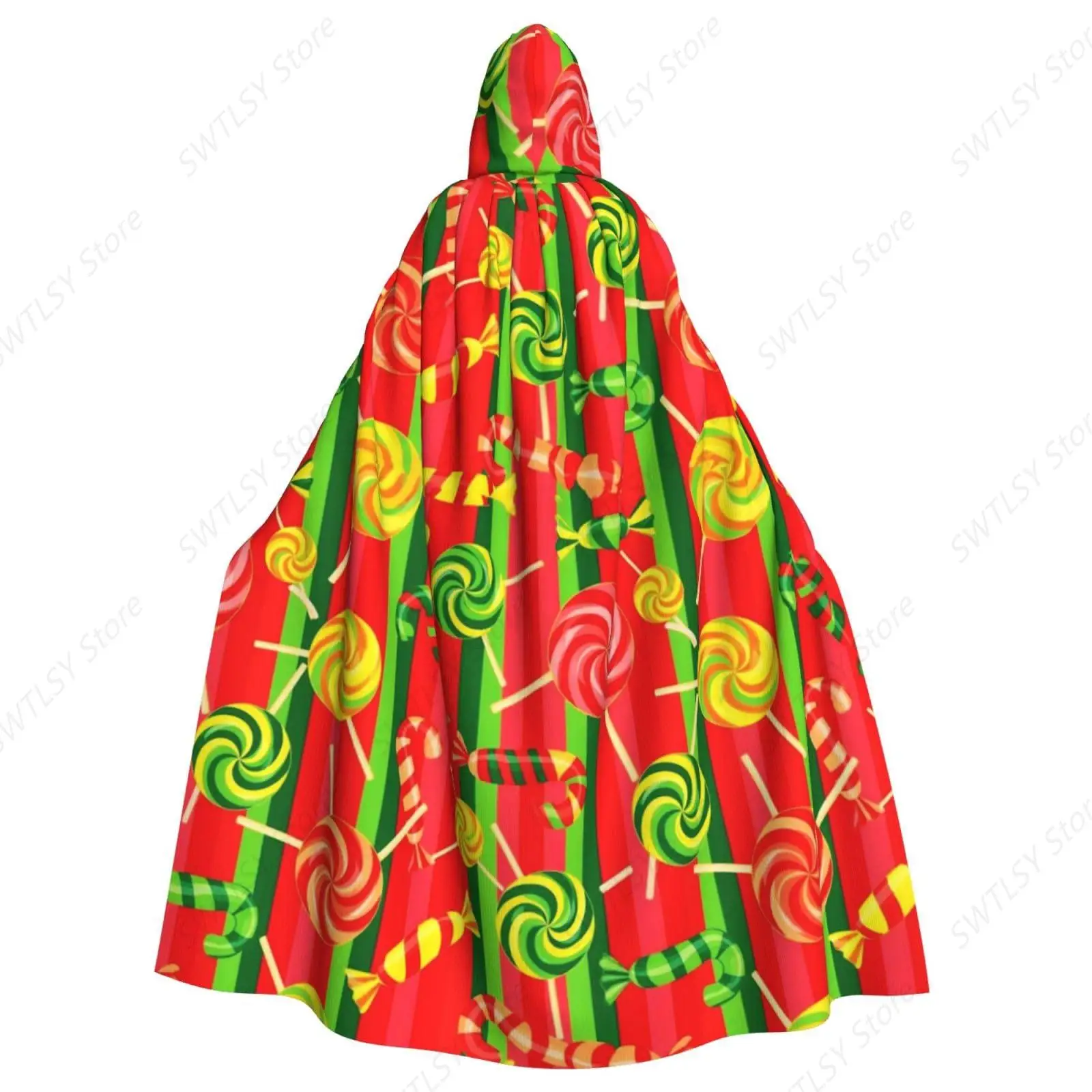 Women Men Halloween Christmas Costumes Hooded Cape Compatible with Candy Cane Christmas Red Green Stripes, Cosplay Party Cloak