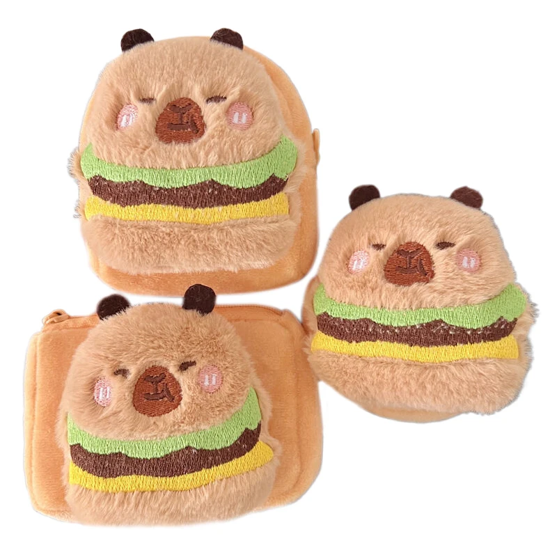 【Happy-Day】 Portamonete in peluche con capibara di Amburgo dei cartoni animati Simpatico sacchetto per il cambio dei soldi Mini sacchetto di immagazzinaggio per auricolari in peluche con portachiavi