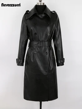 Nerazzurri Spring Autumn Luxury Long Black Soft Faux Leather Trench Coat for Women Belt Double Breasted Elegant Overcoat 5xl 6xl