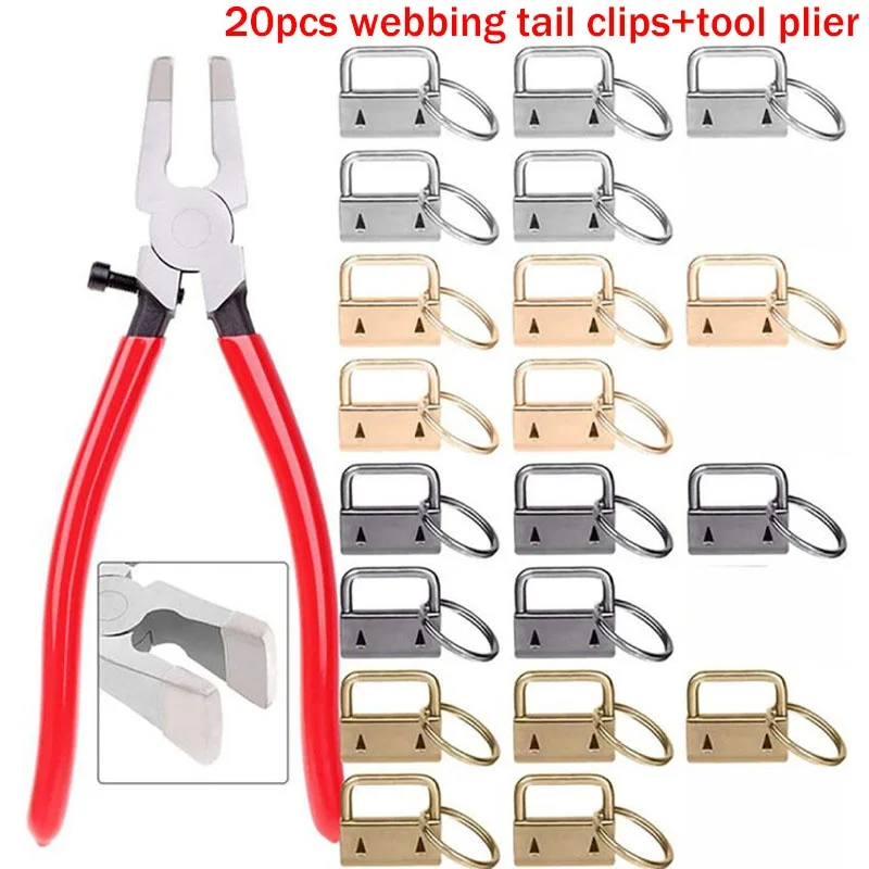 20/40PCS Webbing Tail Clip Key Fob Hardware 25mm Keychain Split Ring with Tool Pliers for Wrist Wristlets Cotton Tail Clip