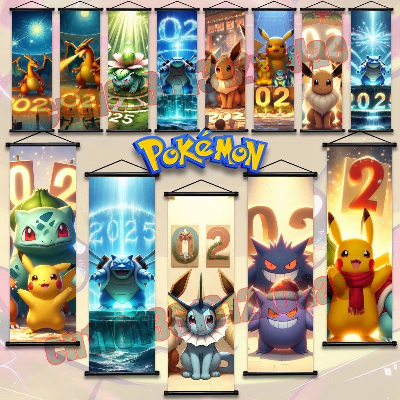 

Print Art White Canvas Anime Pokemon Retro Poster Scroll Painting, Gengar, Eevee, Bulbasaur, Pikachu, Art Deco Painting Gift