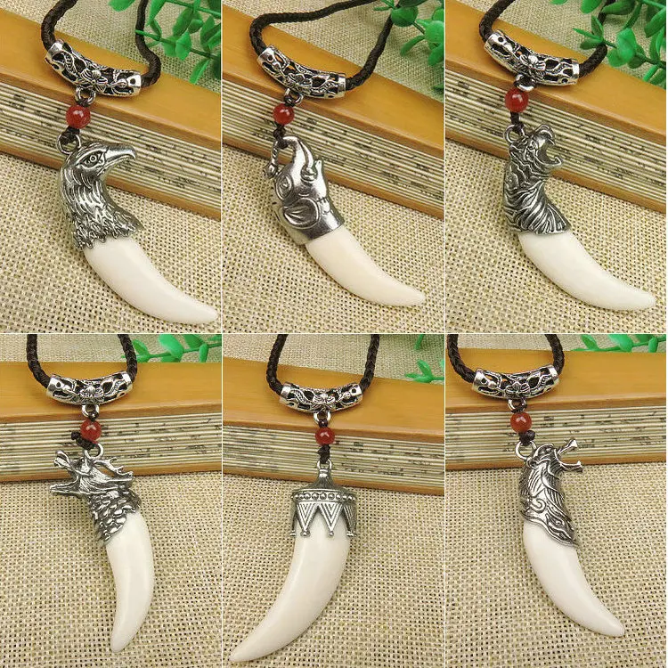 Black wax cord necklace Tibetan silver spike Tibetan mastiff tooth pendant necklace