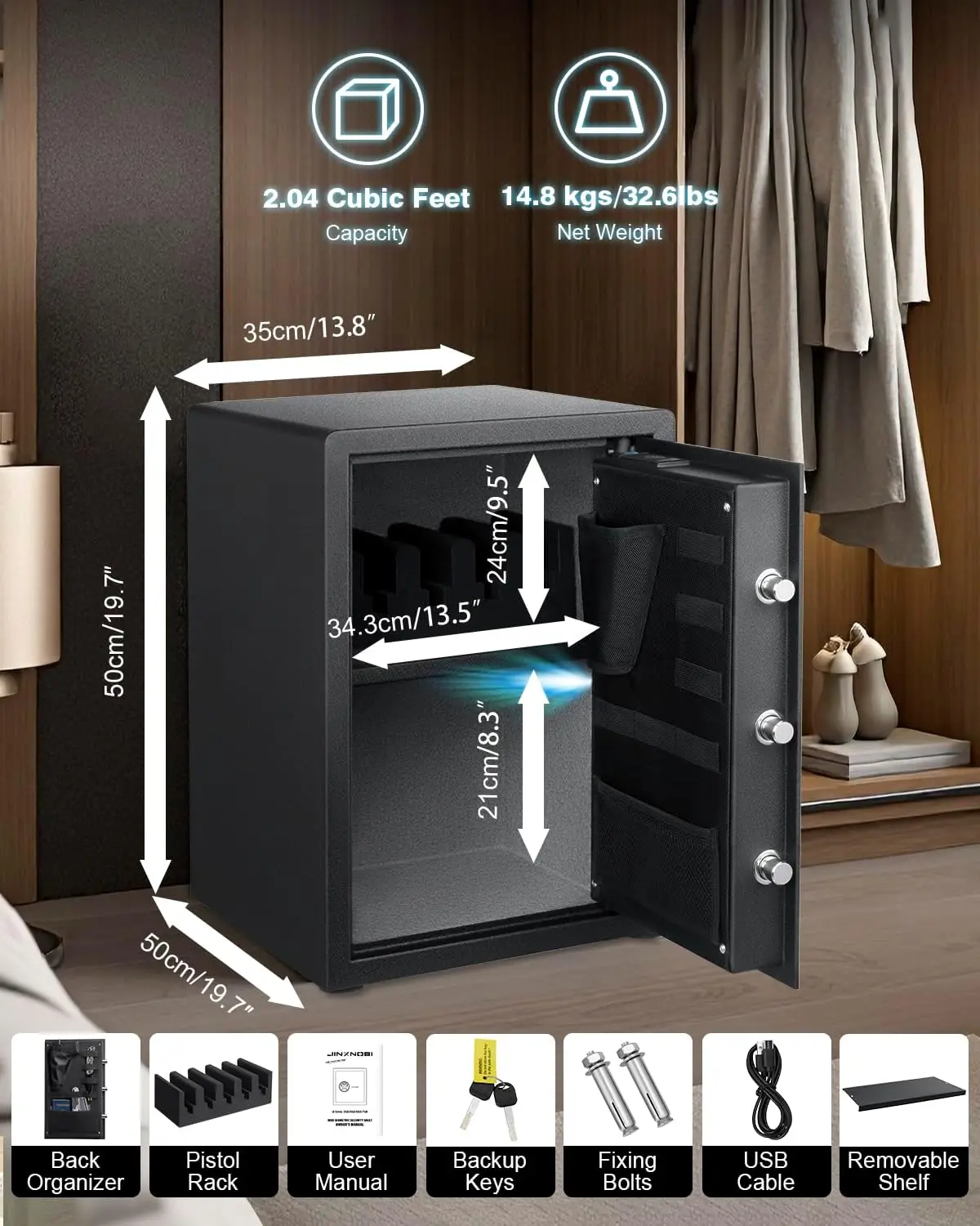 Grandi casseforti biometrici per armi, cassetta di sicurezza da 2,04 piedi cubi, per uso domestico, scuola e ufficio, design della racchetta posteriore innovativo per pis