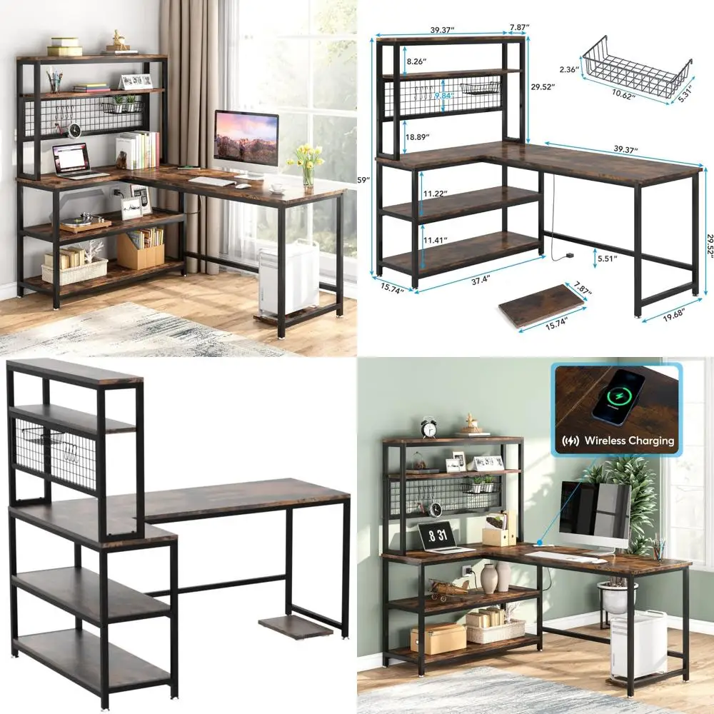 Wireless Charging 55 Inch L-Shaped Computer Desk with Hutch, Spacious Office Study Writing Workstation for Home Office Use