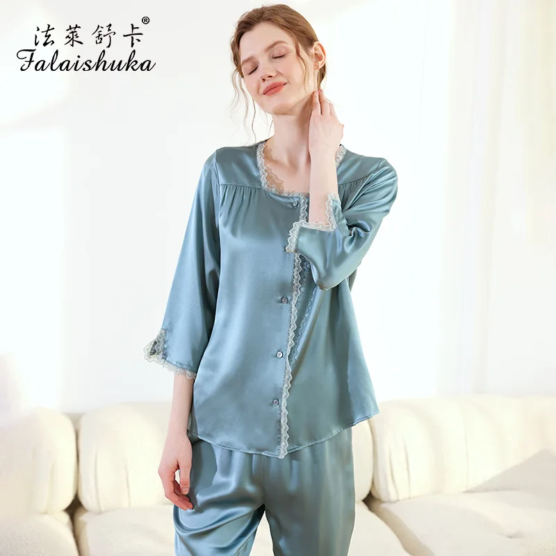 19 momme Elegance 100% natural silk pajamas sets women sweet lace fashion real genuine silk pyjama femme T8612