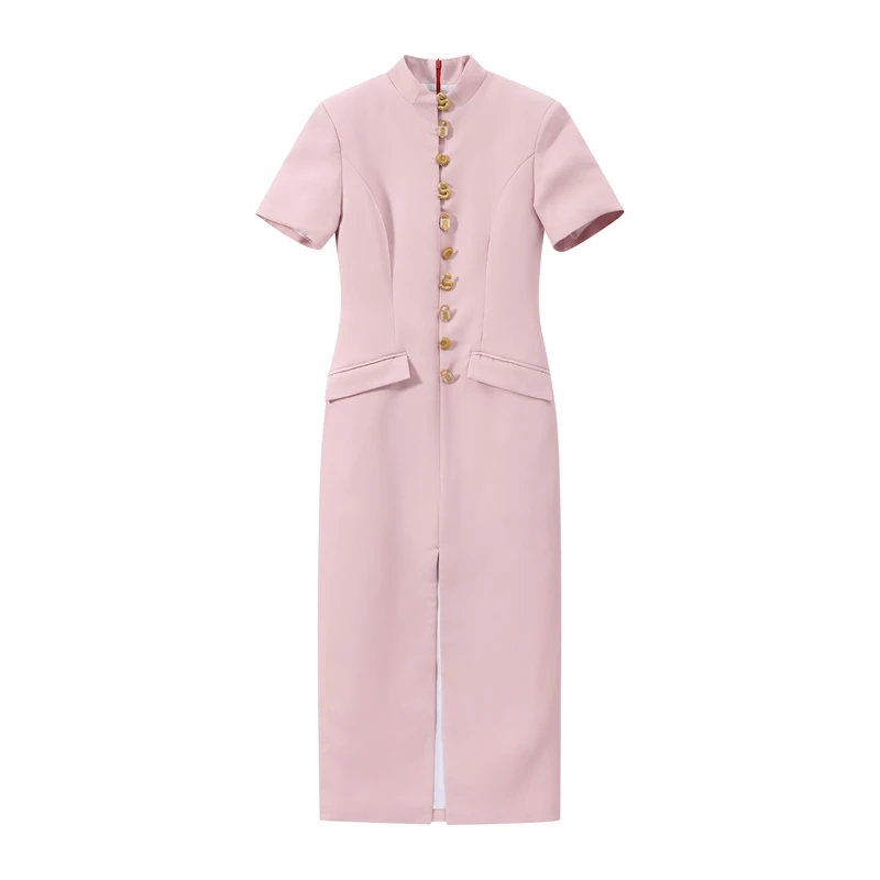 2026 Sommer Stehkragen Einfarbiges Damen-Midikleid Elegantes Einreihiges Kurzarm-Slim-Kleid Modisches Neues Damen-Langes Kleid – Detail 3